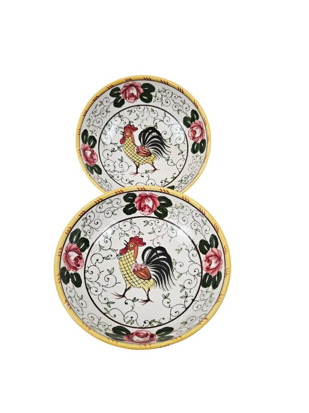 UCAGCO Vintage Early Provincial Hand Painted Rooster Roses 2 Cereal Bowls Japan